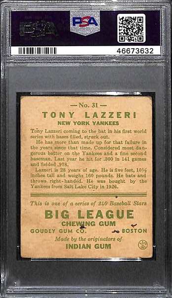 1933 Goudey Tony Lazzeri #31 PSA 2 MK (Autograph Grade 8) - Part of Murderer's Row - Only 1 Graded Higher and 7 Total PSA/DNA Exist (d. 1946)