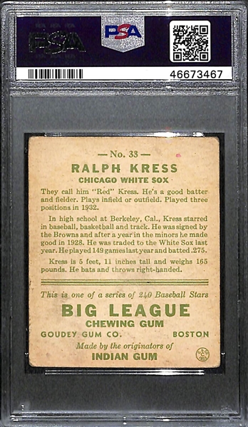 1933 Goudey Ralph Red Kress #33 PSA Authentic (Autograph Grade 8) - Only 1 Graded Higher and Only 4 PSA/DNA Exist (d. 1962)