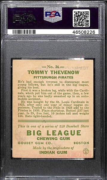 1933 Goudey Tommy Thevenow #36 PSA 5 MC (Autograph Grade 8) - Pop 1 (Highest Grade by 3 Full Grades - Only 5 PSA/DNA Exist) - d. 1957