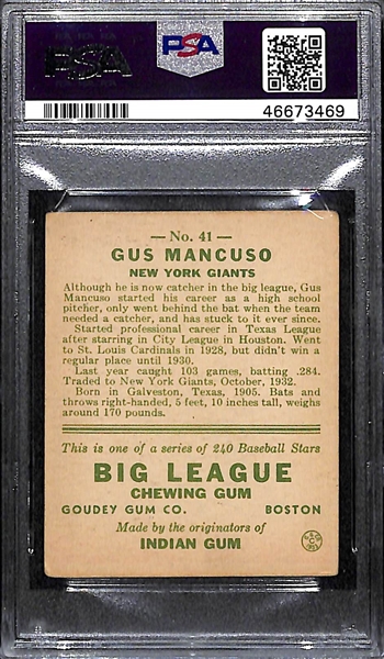 1933 Goudey Gus Mancuso #41 PSA 3 (Autograph Grade 8) - Only 2 Graded Higher (d. 1984)