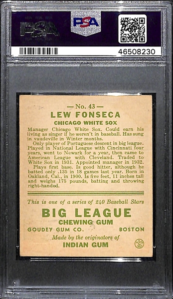1933 Goudey Lew Fonseca #43 PSA 3 (Autograph Grade 8) - Only 1 Graded Higher (d. 1989)