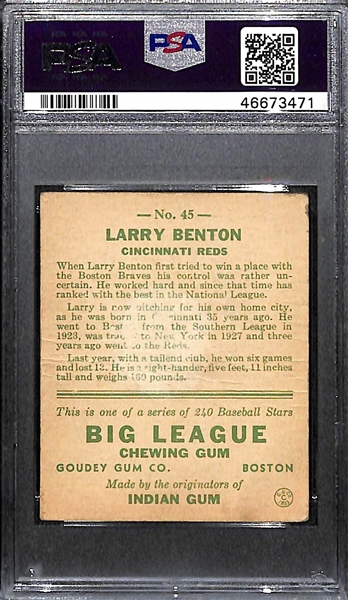 1933 Goudey Larry Benton #45 PSA 1.5 (Autograph Grade 6) - Only 1 Graded Higher - Only 4 PSA/DNA Exist (d. 1953)