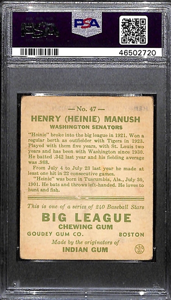 1933 Goudey Heinie Manush (HOF) #47 PSA 2.5 (Autograph Grade 8) - Pop 1 (Highest Grade - Only 5 Have Been Authenticated by PSA/DNA) - d. 1971