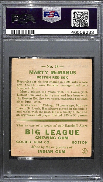 1933 Goudey Marty McManus #48 PSA 1.5 (Autograph Grade 5) - Pop 1 (Highest Grade - Only 4 Have Been Authenticated by PSA/DNA)  - d. 1966