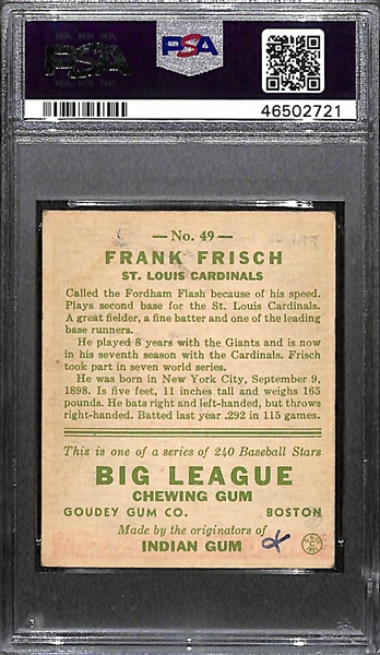 1933 Goudey Frank Frisch #49 PSA 2 MK (Autograph Grade 6) - Only 1 Graded Higher - Only 6 PSA Graded Examples - d. 1973