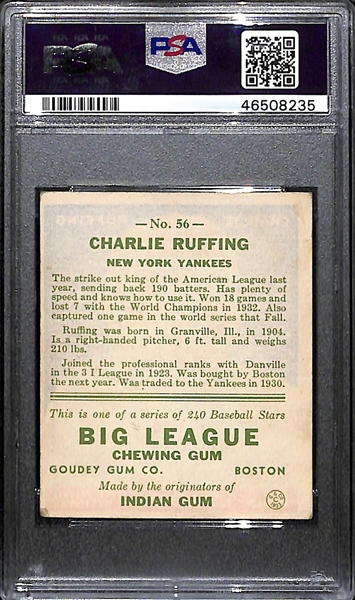 1933 Goudey Charlie Ruffing #56 PSA 3.5 (Autograph Grade 7) - Only 2 Graded Higher - 18 PSA Graded Examples - d. 1986