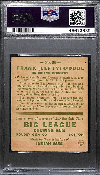 1933 Goudey Lefty O'Doul #58 PSA 3 (Autograph Grade 7) - Pop 2 - Only 1 Other Graded the Same Highest Grade - Only 9 PSA Graded Examples - d. 1969