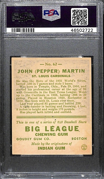 1933 Goudey Pepper Martin #62 PSA 4 (Autograph Grade 8) - Only 2 Graded Higher of 9 PSA Examples - d. 1965