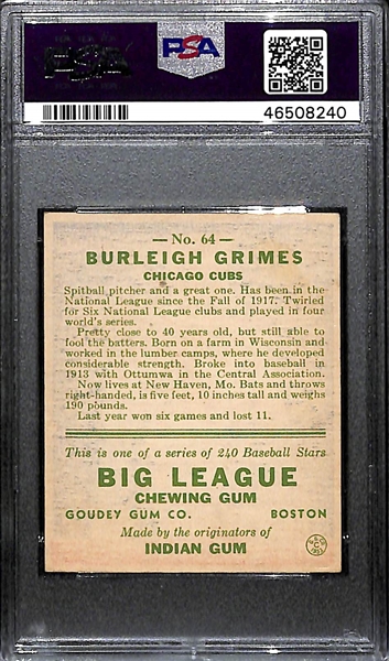 1933 Goudey Burleigh Grimes #64 PSA 2.5 (Autograph Grade 7) - Only 3 Graded Higher - Only 20 Graded Examples - d. 1985