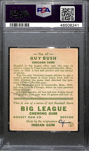 1933 Goudey Guy Bush #67 PSA 5 MK (Autograph Grade 5) - Pop 1 (Highest Grade of 16 PSA Examples) - d. 1985