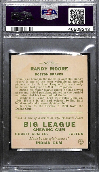1933 Goudey Randy Moore #69 PSA 2.5 (Autograph Grade 6) - Only 1 Graded Higher - 7 PSA Examples - d. 1992