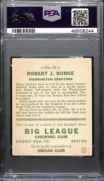 1933 Goudey Bob Burke #71 PSA 2.5 (Autograph Grade 8) - Pop 1 (Highest Graded of 3 PSA Examples) - d. 1971
