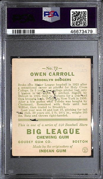 1933 Goudey Owen Ownie Carroll #72 PSA 4 MK (Autograph Grade 7) - Only 1 Graded Higher - 5 PSA Examples - d. 1975