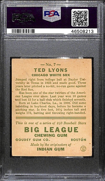 1933 Goudey Ted Lyons (HOF) #7 PSA 4.5 (Autograph Grade 8).  Pop 1 - Highest Grade Example! (d. 1986)