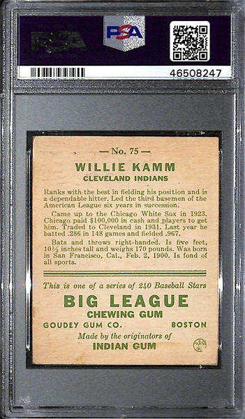 1933 Goudey Willie Kamm #75 PSA 2.5 (Autograph Grade 8) - Pop 1 (Highest Graded Example) - Only  9 PSA Graded Examples - d. 1988