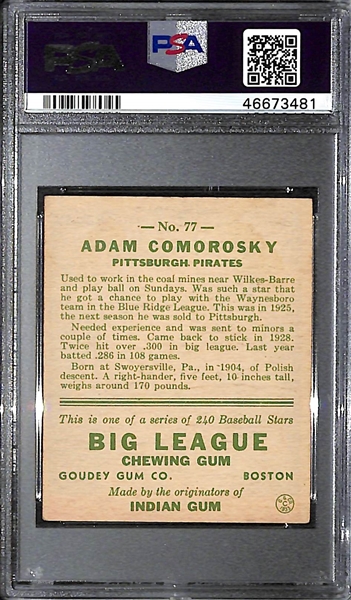 1933 Goudey Adam Comorosky #77 PSA 4 (Autograph Grade 6) - Only 1 Graded Higher - 8 PSA Examples - d.  1951
