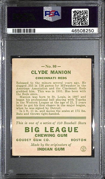1933 Goudey Clyde Manion #80 PSA 4.5 (Autograph Grade 8) - Pop 2 (None Graded Higher of 4 PSA Examples) - d. 1967