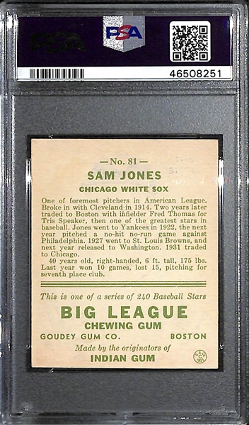 1933 Goudey Sam Jones #81 PSA 2.5 (Autograph Grade 9) - Pop 1 - Only 4 PSA Graded Examples - d. 1971 