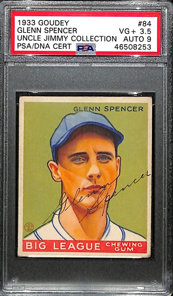 1933 Goudey Glenn Spencer #84 PSA 3.5 (Autograph Grade 9) - Pop 1 (Highest Graded of 3 PSA Examples) - d. 1958