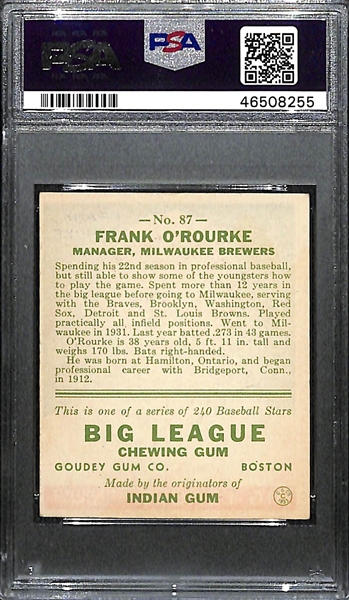 1933 Goudey Frank O'Rourke #87 PSA 4 (Autograph Grade 8) - Pop 1 - Highest Grade of 6 PSA Examples - d. 1986