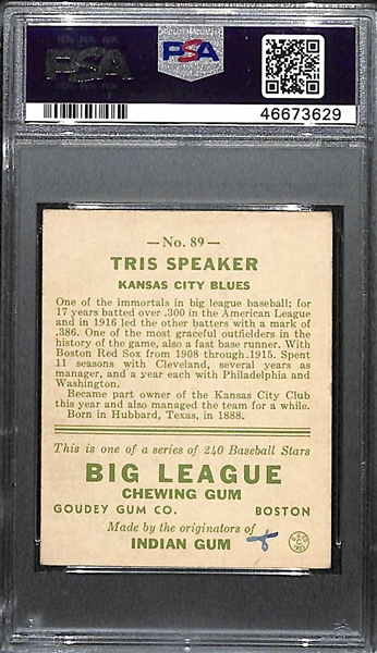 1933 Goudey Tris Speaker #89 PSA 3 MK (Autograph Grade 8) - 1 of Only 3 PSA Graded Examples - d. 1958 
