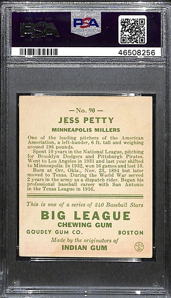 RARE 1/1 1933 Goudey Jess Petty #90 PSA 5 (Autograph Grade 9) - Pop 1 - SCARCE - Only Graded Example! - d. 1971 