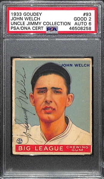 1933 Goudey John Welch #93 PSA 2 (Autograph Grade 6) - Pop 1 (Highest Graded Example) - Only 6 PSA Graded Examples - d.  1940