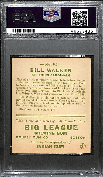 1933 Goudey Bill Walker #94 PSA 2.5 (Autograph Grade 8) - Only 1 Graded Higher - Only 5 PSA Graded Examples - d. 1966 