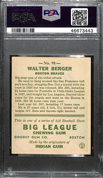 1933 Goudey Wally Berger #98 PSA 4 (Autograph Grade 7) - Pop 1 (Highest Graded Example of 4 PSA Examples) d. 1988