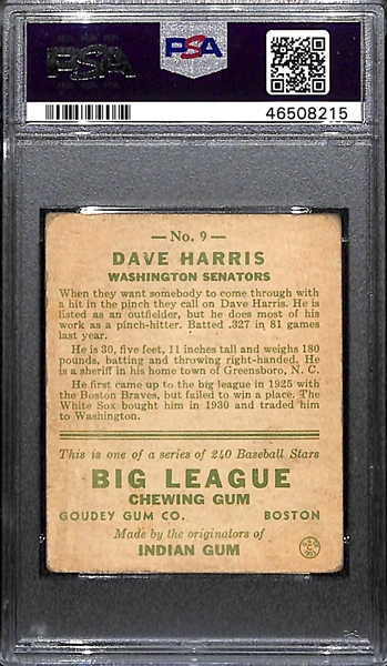 1933 Goudey Dave Harris #9 PSA 3 (Autograph Grade 8).  Pop 1 - Highest Grade Example and Only 4 PSA/DNA Exist! (d. 1973)