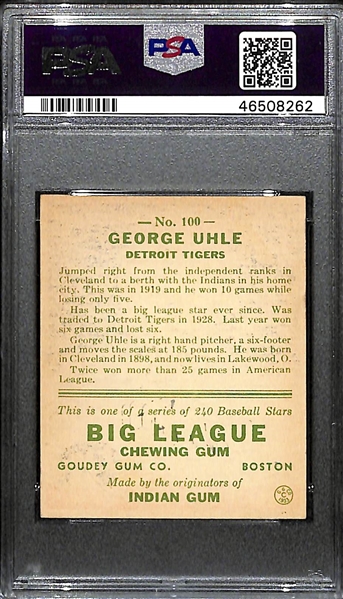 1933 Goudey George Uhle #100 PSA 5 MK (Autograph Grade 7) - Pop 1 (Highest Graded Example) - Only 13 PSA Graded Examples of this Card - d. 1985