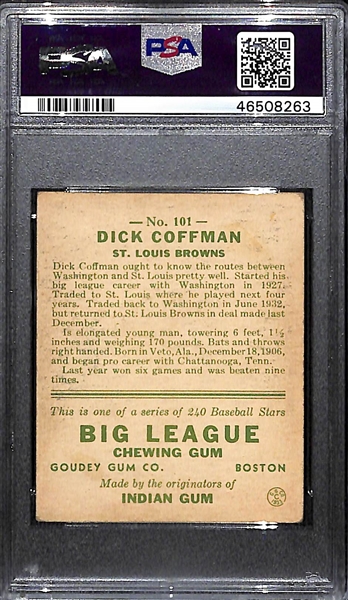 1933 Goudey Dick Coffman #101 PSA 2 (Autograph Grade 8) - Pop 1 (Highest Graded Example) - Only 4 PSA Graded Examples - d. 1972