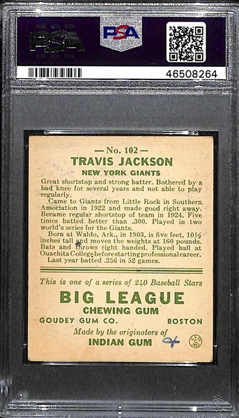 1933 Goudey Travis Jackson #102 PSA 2 MK (Autograph Grade 7) - Only 16 Graded Examples - d. 1987