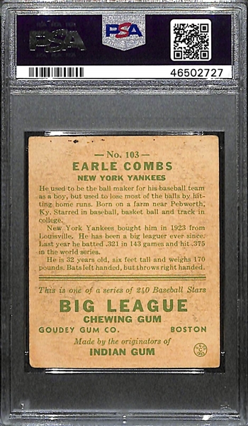 1933 Goudey Earle Combs #103 PSA 3 (Autograph Grade 8) - Only 1 Graded Higher - Only 8 PSA Graded Examples - d. 1976