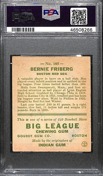 1933 Goudey Bernie Friberg #105 PSA 4.5 (Autograph Grade 8) - Pop 1 (Highest Graded Example) - Only 2 PSA Graded Examples - d. 1958