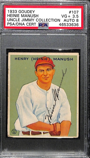 1933 Goudey Heinie Manush #107 PSA 3.5 (Autograph Grade 8) - Pop 1 (Highest Graded Example) - Only 4 PSA Graded Examples - d. 1971