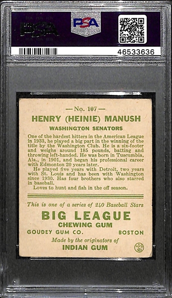 1933 Goudey Heinie Manush #107 PSA 3.5 (Autograph Grade 8) - Pop 1 (Highest Graded Example) - Only 4 PSA Graded Examples - d. 1971