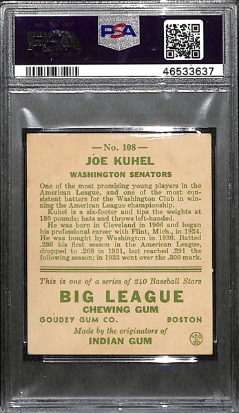 1933 Goudey Joe Kuhel #108 PSA 5.5 (Autograph Grade 8) - Pop 1 (Highest Grade Example) - Only 5 PSA Graded Examples - d. 1984