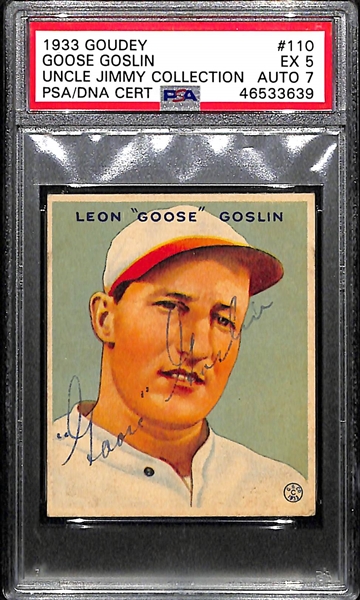 1933 Goudey Goose Goslin #110 PSA 5 (Autograph Grade 7) - Pop 1 (Highest Graded Example) - Only 6 PSA Graded Examples - d. 1971