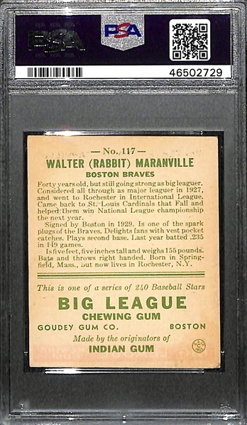 1933 Goudey Rabbit Maranville (HOF) #117 PSA 4 (Autograph Grade 9) - Pop 2 (None Graded Higher of 9 PSA Examples) d. 1954