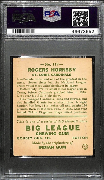 1933 Goudey Rogers Hornsby #119 PSA 4.5 (Autograph Grade 8) - Pop 1 (Highest Graded Example) - Only 5 PSA Graded Examples of This Card - d. 1963