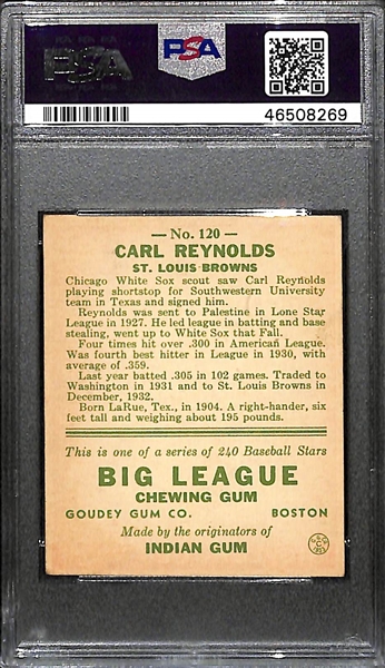 1933 Goudey Carl Reynolds #120 PSA 5 (Autograph Grade 9) - Pop 1 (Highest Graded Example) - Only 8 PSA Graded Examples - d.  1978