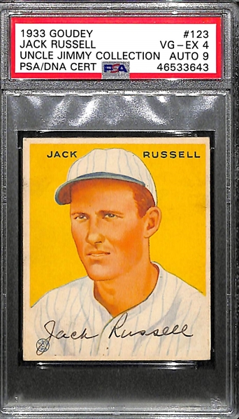1933 Goudey Jack Russell #123 PSA 4 (Autograph Grade 9) - Pop 1 (Highest Graded Example) - Only 8 PSA Graded Examples - d. 1990