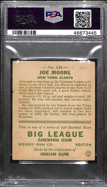 1933 Goudey Joe Moore #126 PSA 6 (Autograph Grade 7) - Pop 1 (Highest Graded Example) - Only 12 PSA Graded Examples - d. 2001