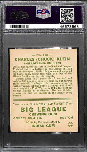 1933 Goudey Chuck Klein (HOF) #128 PSA 2.5 (Autograph Grade 8) - 2nd Highest of Only 3 PSA Graded Examples - d. 1958