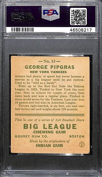 1933 Goudey George Pipgras #12 PSA 4.5 (Autograph Grade 8). Pop 1 - Highest Grade Example! (d. 1986)