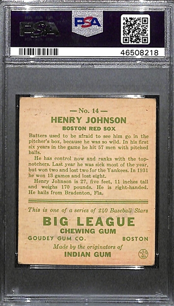 1933 Goudey Henry Johnson #14 PSA 4 (Autograph Grade 7).  Pop 1 - Highest Grade Example! (d. 1982)