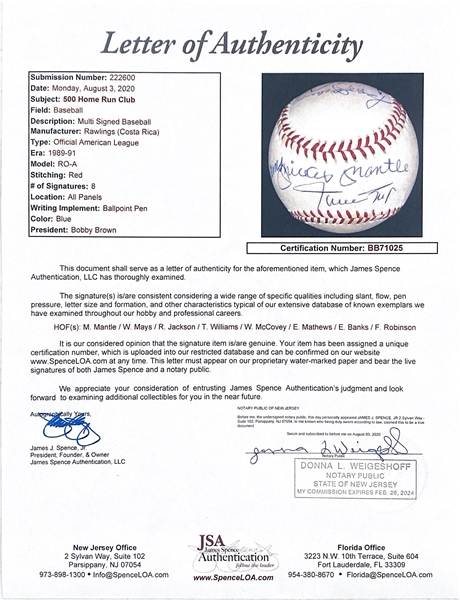 500 HR Signed Baseball (8 Signatures) - Mickey Mantle, Ted Williams, Willie Mays, Mathews, Banks, Jackson, F. Robinson, McCovey