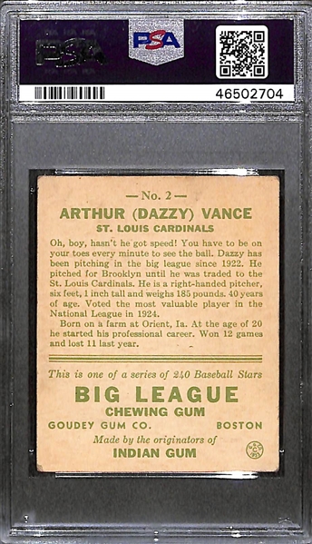 1933 Goudey Dazzy Vance #2 PSA 3.5 (Autograph Grade 10) - Only 7 PSA/DNA Exist w. Only 1 Graded Higher! (d. 1961)