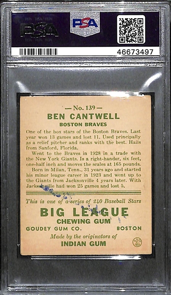 1933 Goudey Ben Cantwell #139 PSA 4 MK (Autograph Grade 6) - Only 5 PSA Graded Examples Exist, No Others Above 2.5,  d. 1962